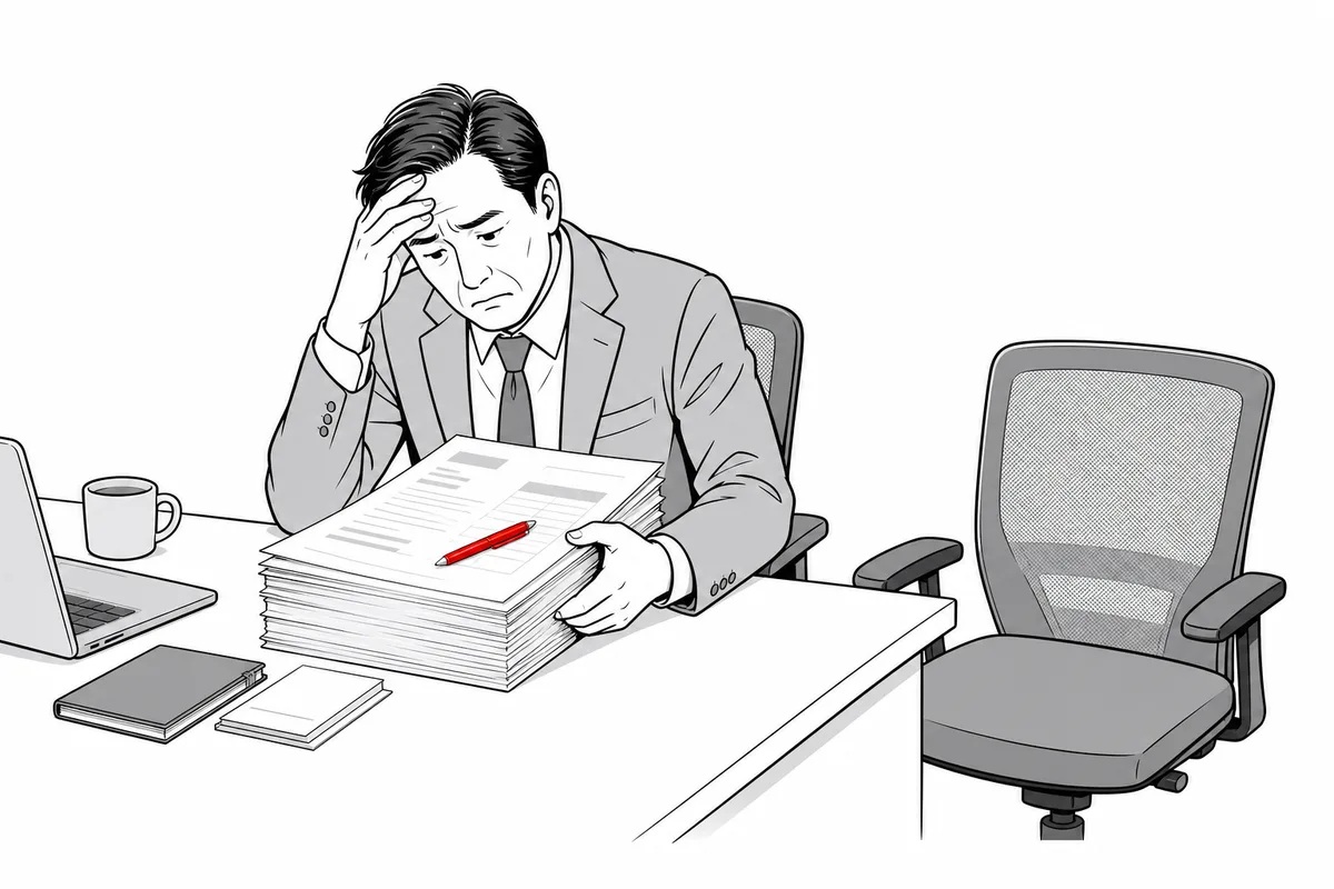 見積書を前に、相談できる相手がいないまま判断を迫られる社長のイラスト