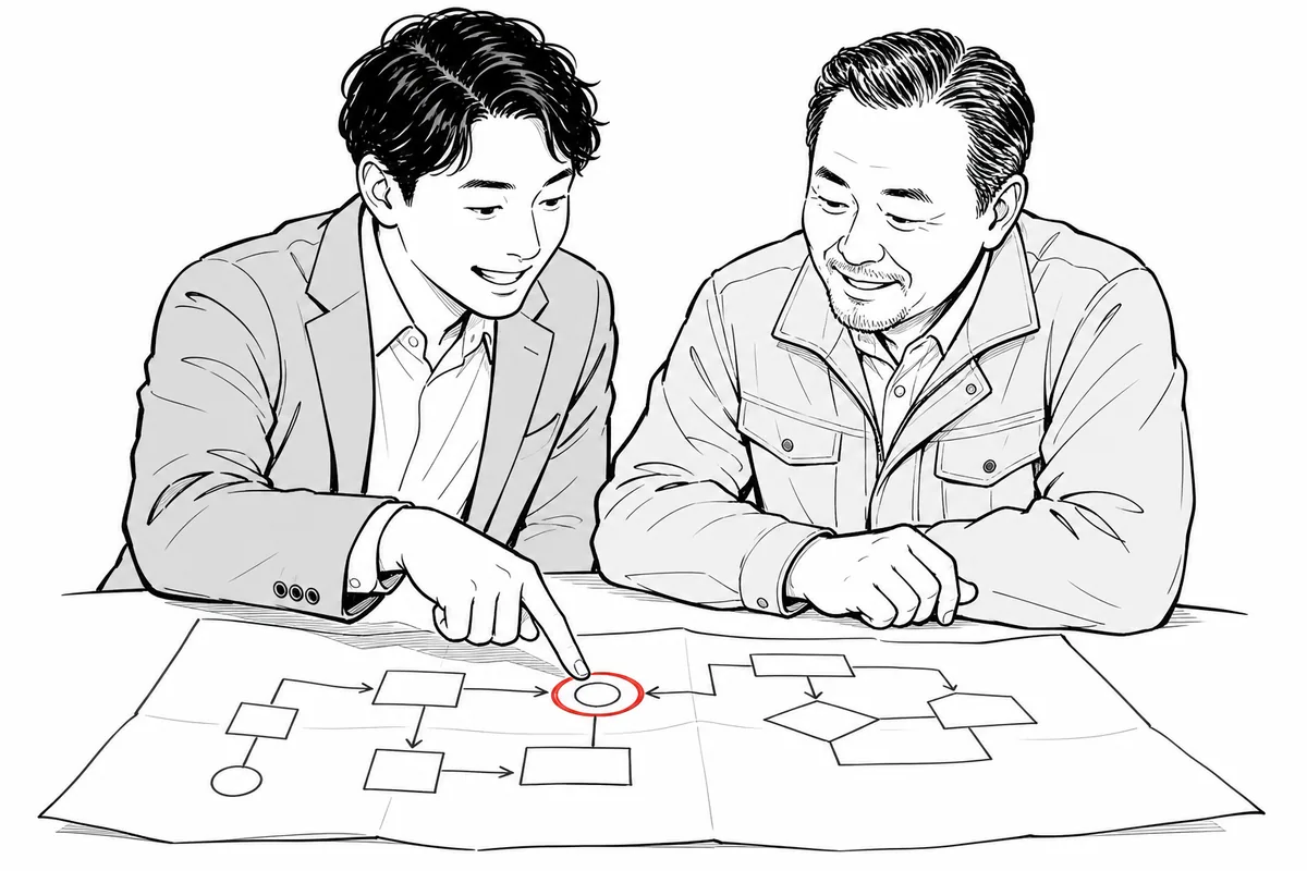 コンサルタントが社長の隣で業務の地図を指さすイラスト