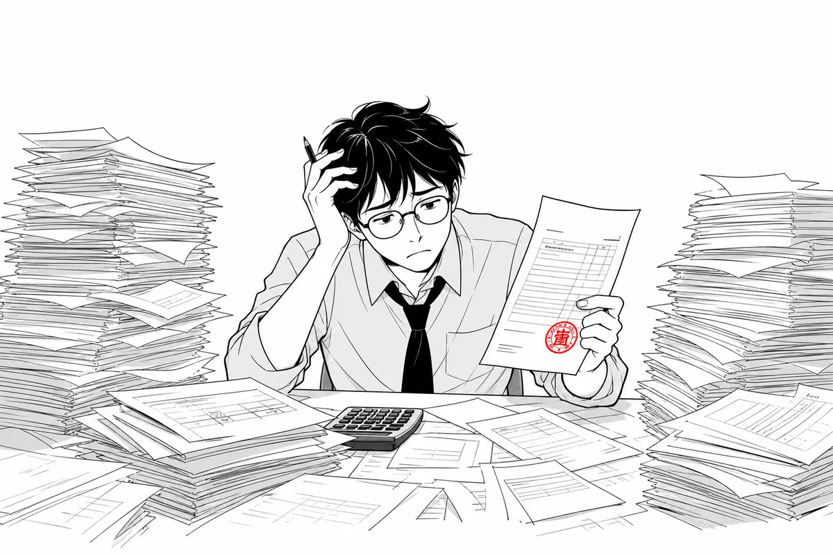 請求書の山に埋もれて頭を抱える経理担当のイラスト
