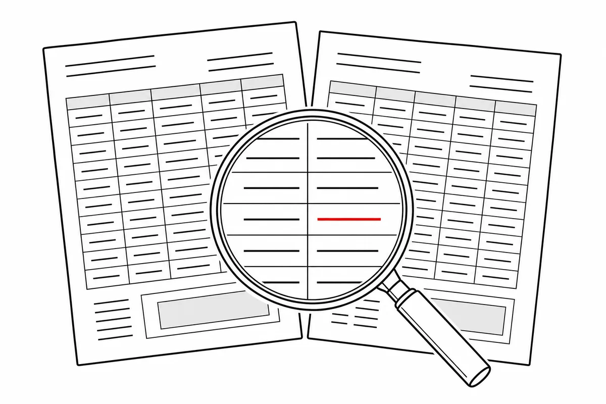 請求書と納品書を重ねて見比べ、1行だけ違うところをAIが見つけるイラスト