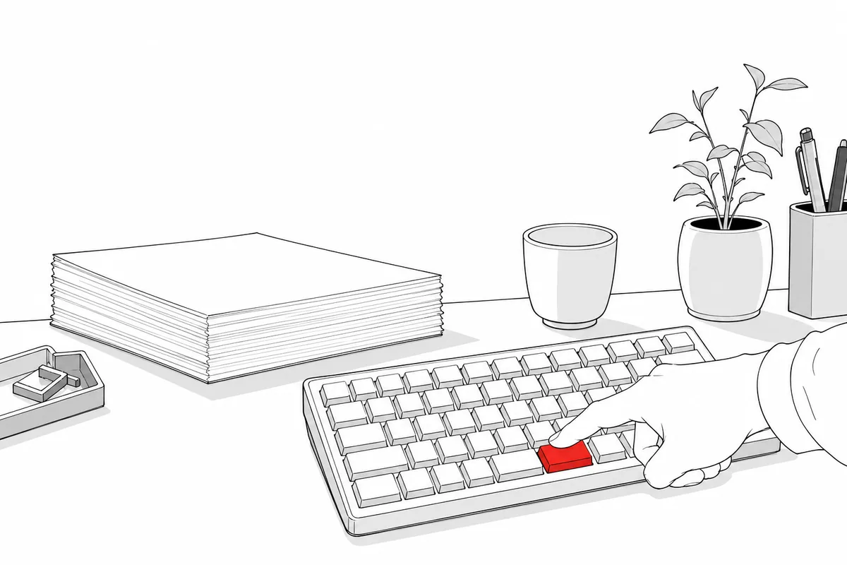 片付いた机でEnterキーを一回押すだけのイラスト