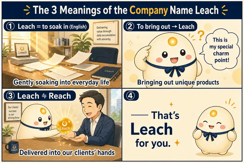 Three meanings of the name Leach — 1) Leach = to permeate, blending naturally into daily life / 2) effusion → Leach, products with character / 3) Leach ≒ Reach, delivered into customers' hands