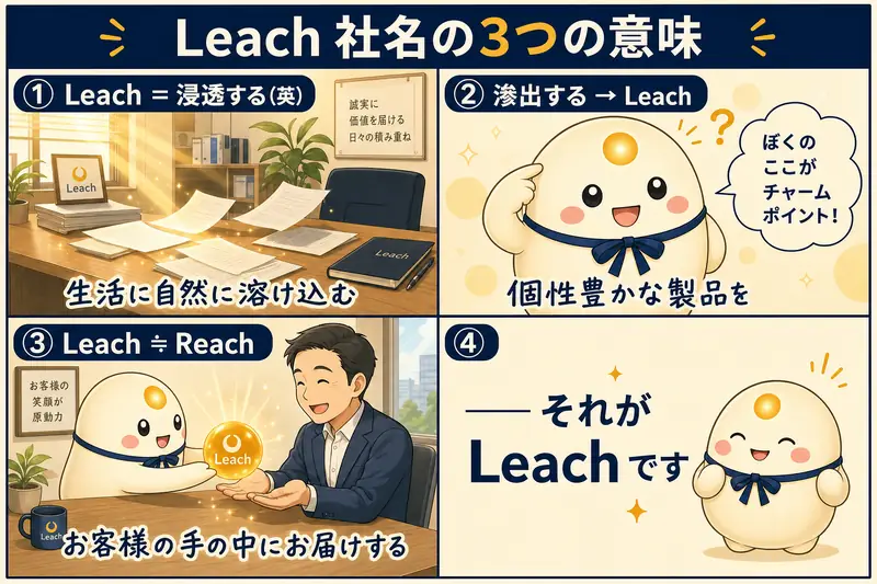 Leach 社名の3つの意味 ── ① Leach=浸透する(英)・生活に自然に溶け込む / ② 滲出する→Leach・個性豊かな製品を / ③ Leach≒Reach・お客様の手の中にお届けする