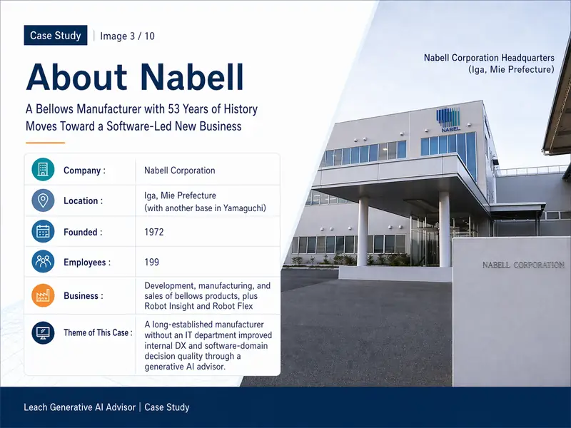 About Nabel — A 53-year-old bellows manufacturer moving into software-led new businesses. Based in Iga, Mie (two sites). Founded 1972. 199 employees. Products: bellows design/manufacturing/sales, Robot Insight / Robot Flex.