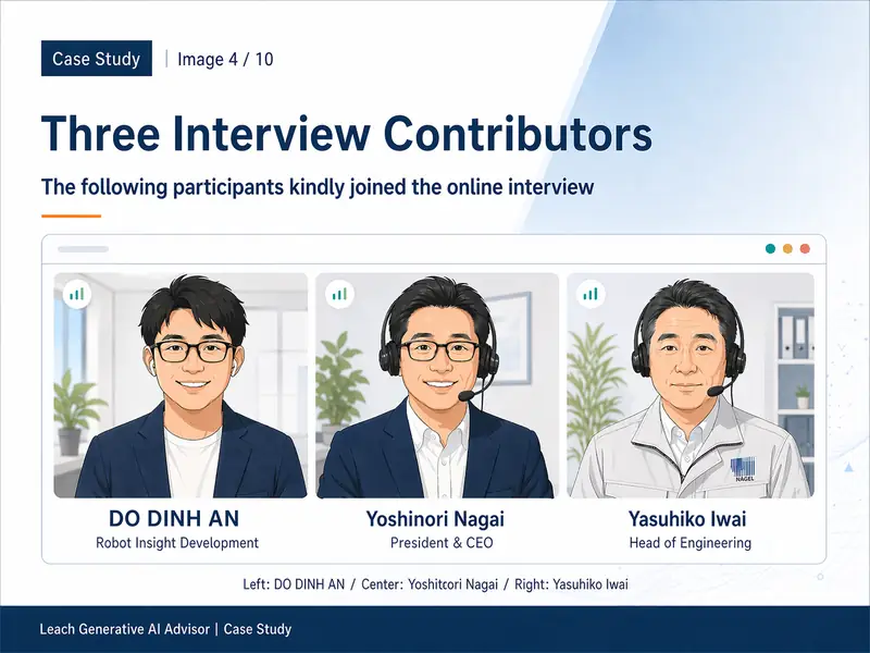 The three interviewees — DO DINH AN (Robot Insight developer), Yoshitomo Nagai (President & CEO), Yasuhiko Iwai (Head of Engineering)
