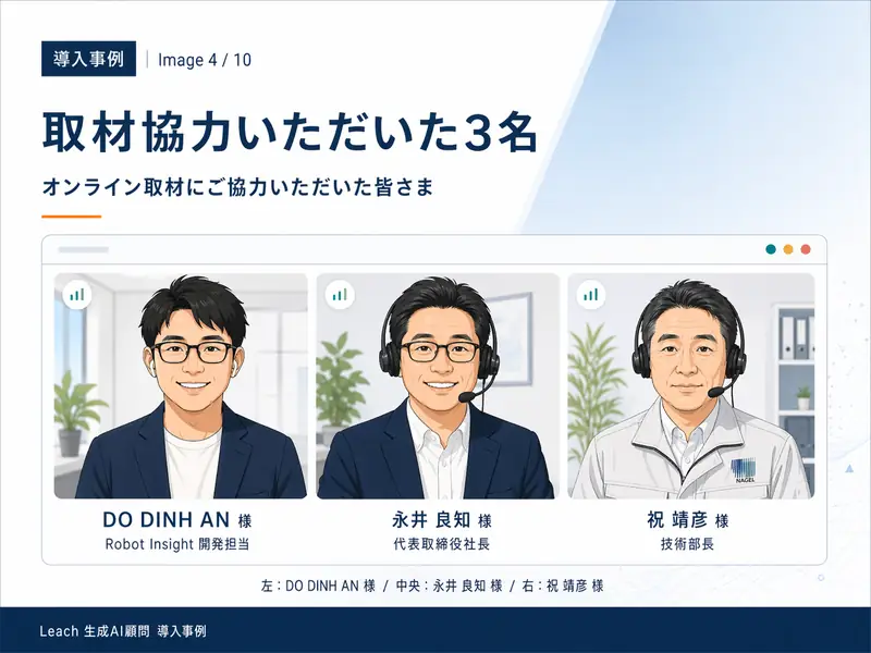 取材協力いただいた3名 ── DO DINH AN 様（Robot Insight 開発担当）／永井 良知 様（代表取締役社長）／祝 靖彦 様（技術部長）