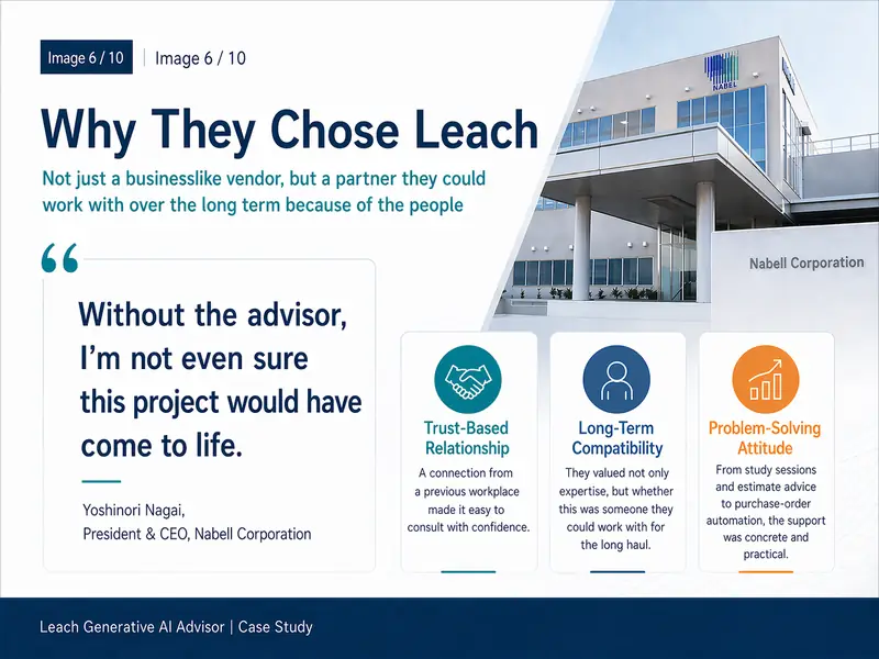 Why we chose Leach — trust, character, and a problem-solving stance. "Without the advisor, I'm not sure the project would have even been realized" — President & CEO Yoshitomo Nagai