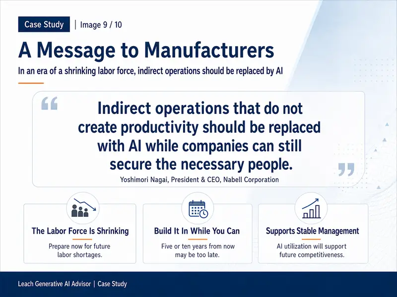 A message to manufacturers — "Replace indirect work with AI while you still have people." — President & CEO Yoshitomo Nagai